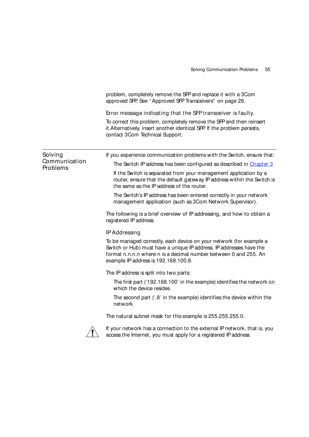 3Com 3 manual Solving Communication Problems, Error message indicating that the SFP transceiver is faulty, IP Addressing 