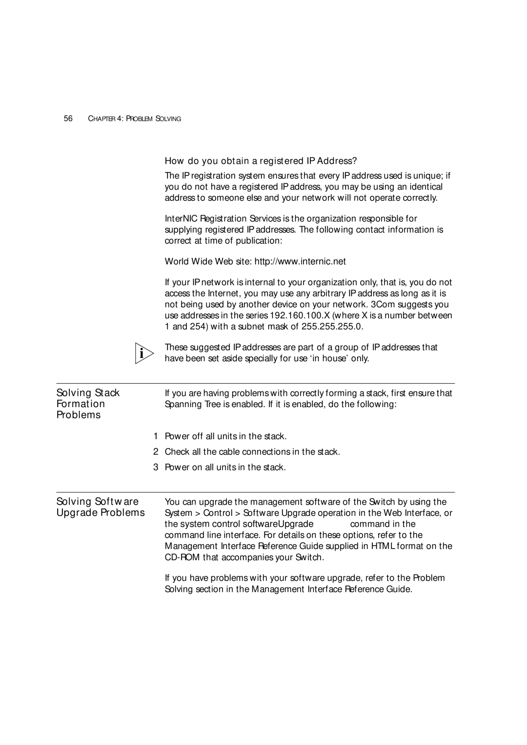 3Com 3 manual Solving Stack, Formation, Solving Software, Upgrade Problems, How do you obtain a registered IP Address? 