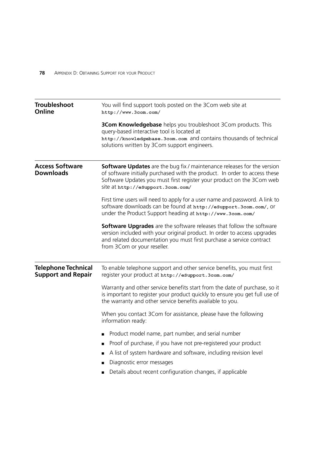 3Com 3 manual Troubleshoot, Online, Access Software, Downloads, Telephone Technical, Support and Repair 