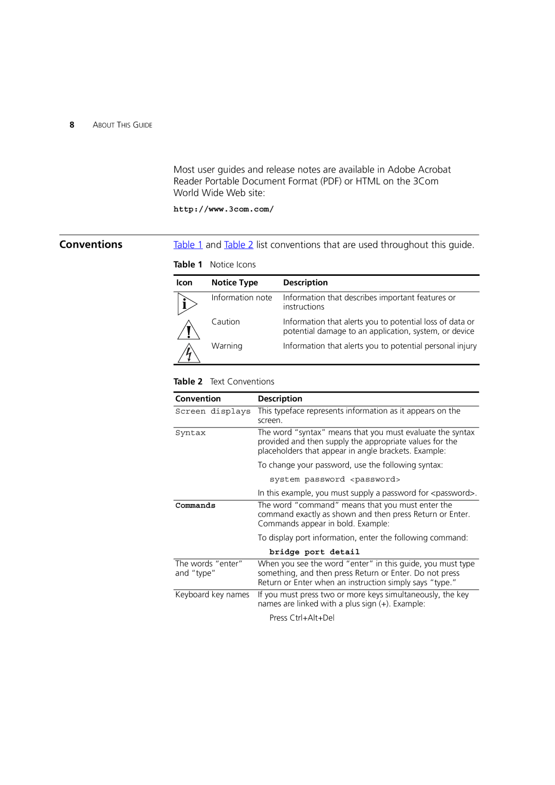 3Com 3 manual Conventions, Icon Description, Convention Description 