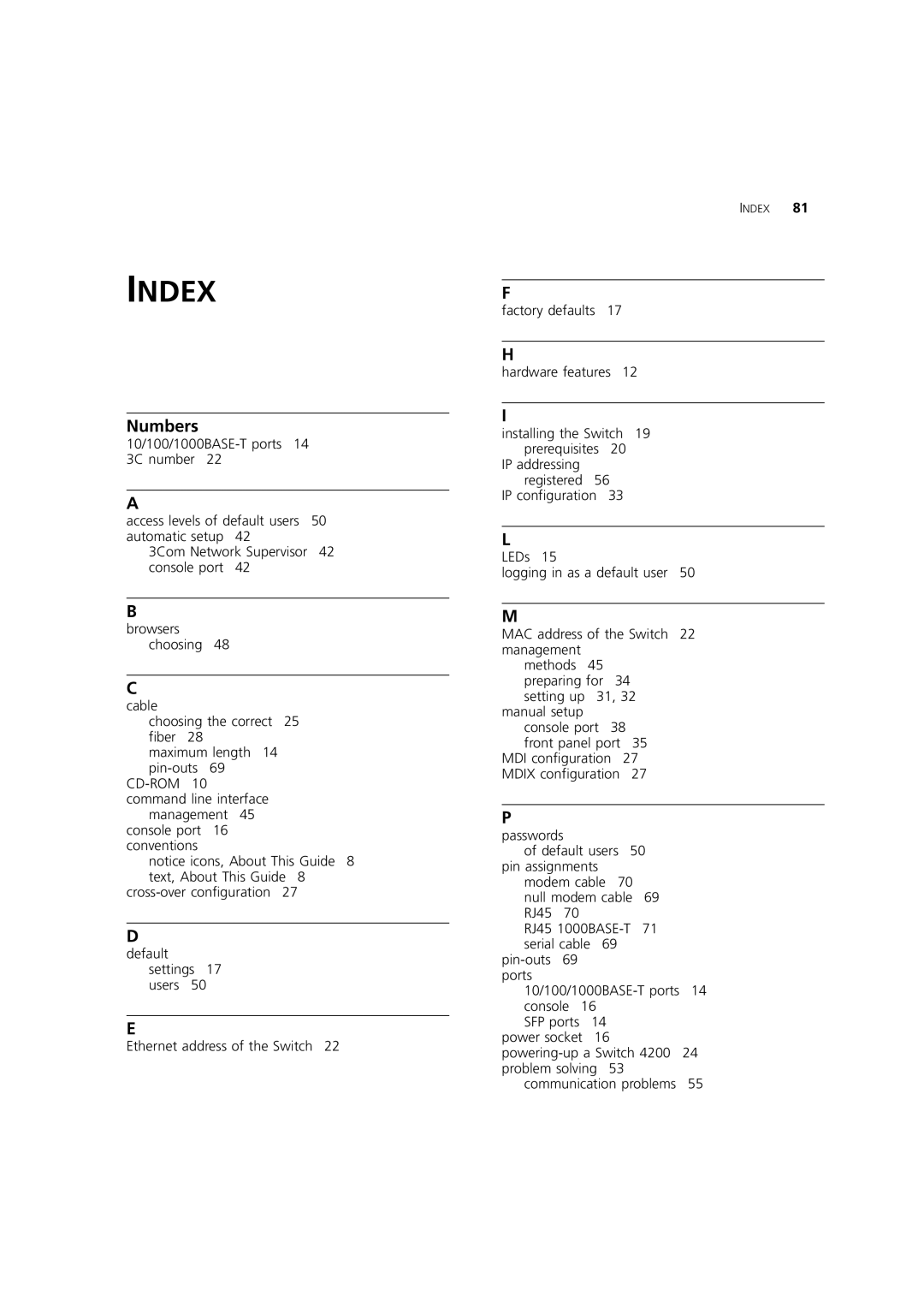 3Com 3 manual Index, Numbers 