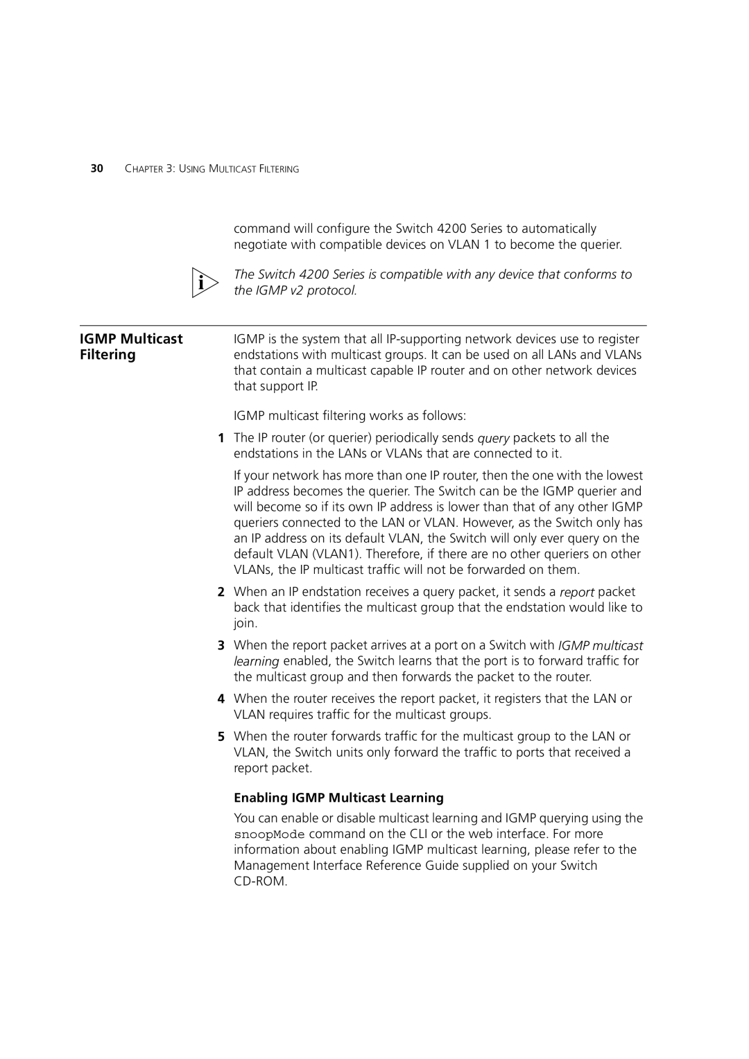 3Com 3 Igmp v2 protocol, That support IP, Igmp multicast filtering works as follows, Enabling Igmp Multicast Learning 