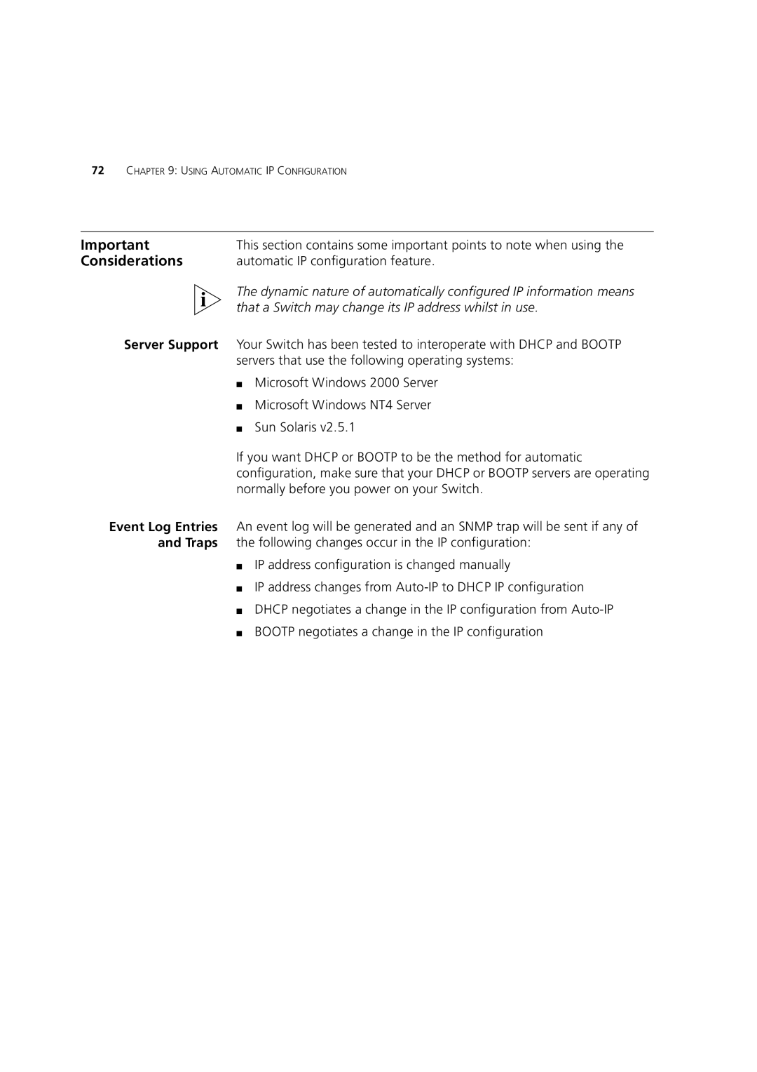 3Com 3 manual Considerations, Automatic IP configuration feature, That a Switch may change its IP address whilst in use 