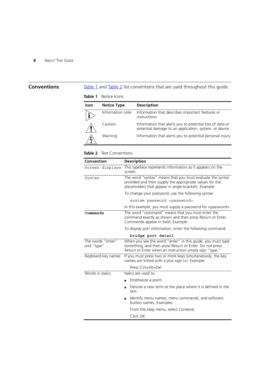 3Com 3 manual Conventions, List conventions that are used throughout this guide 