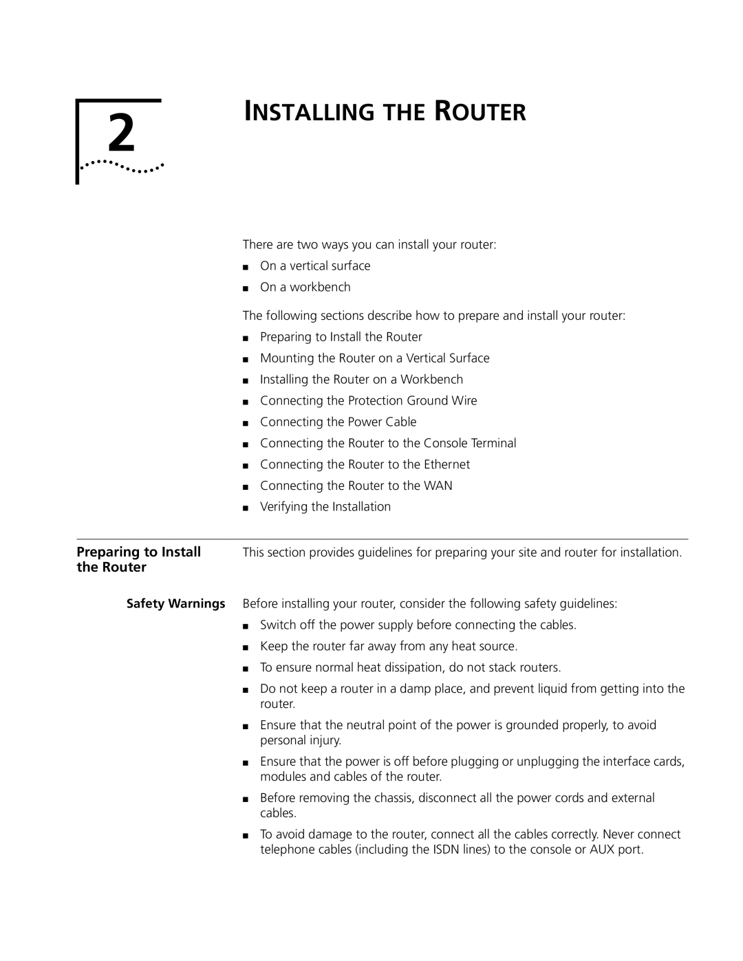 3Com 3016 (3C13616), 3015 (3C13615), 3013 (3C13613), 3018 (3C13618), 3012 (3C13612) manual Installing the Router 