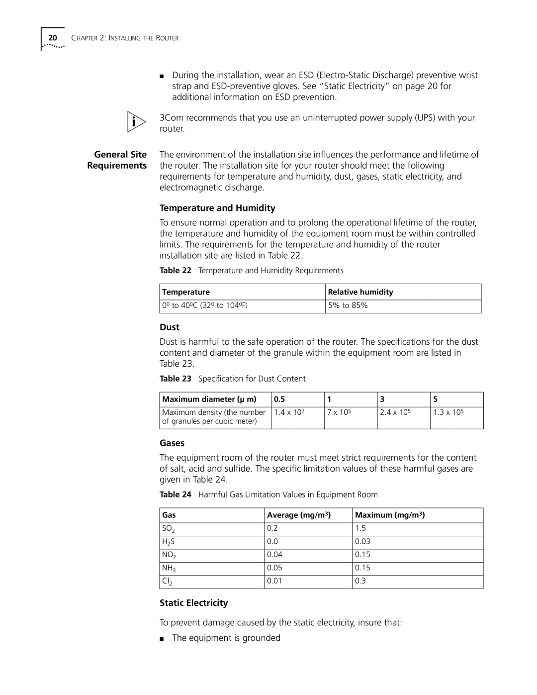 3Com 3015 (3C13615), 3013 (3C13613), 3018 (3C13618) manual Temperature and Humidity, Dust, Gases, Static Electricity 