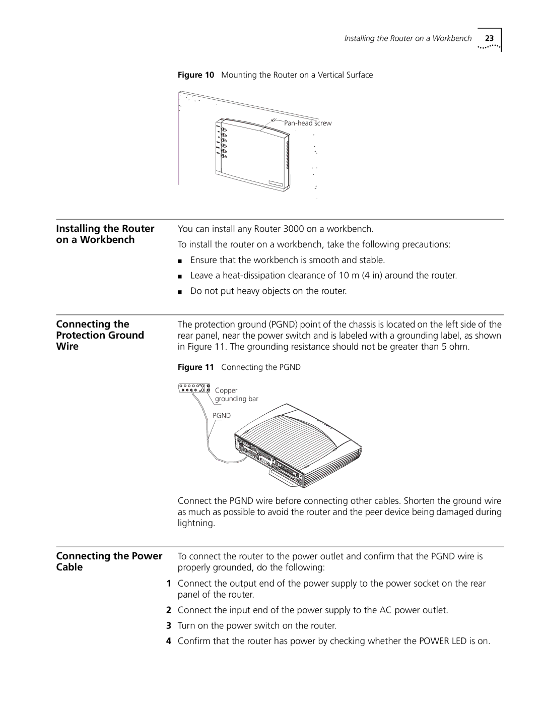 3Com 3012 (3C13612), 3015 (3C13615) manual Installing the Router, On a Workbench, Connecting, Protection Ground, Wire 