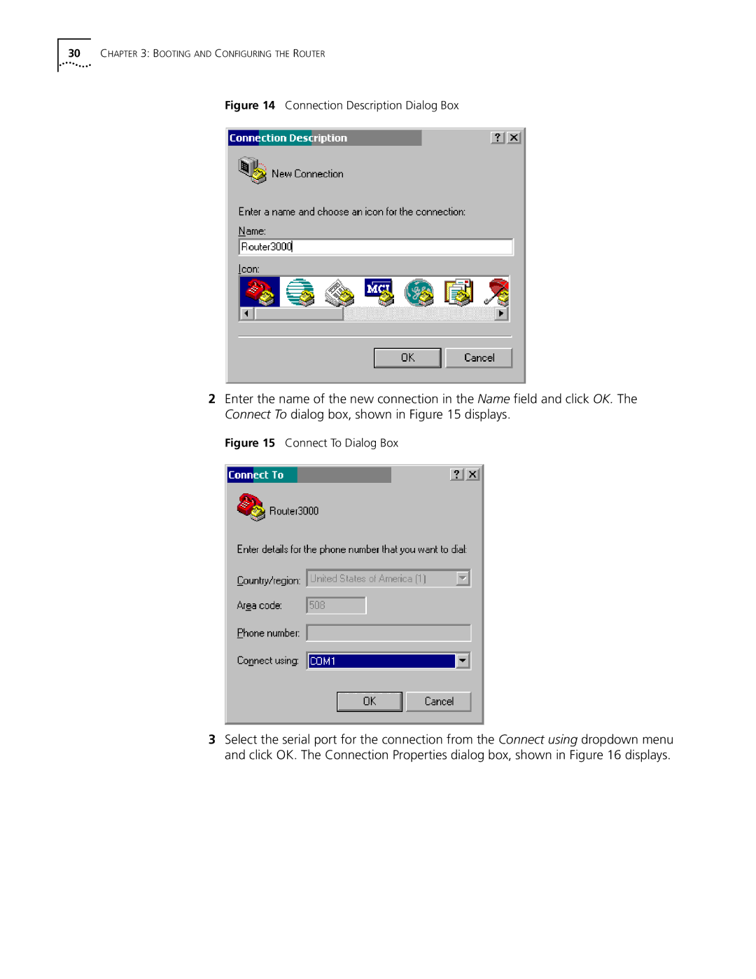 3Com 3015 (3C13615), 3013 (3C13613), 3018 (3C13618), 3012 (3C13612), 3016 (3C13616) manual Connection Description Dialog Box 