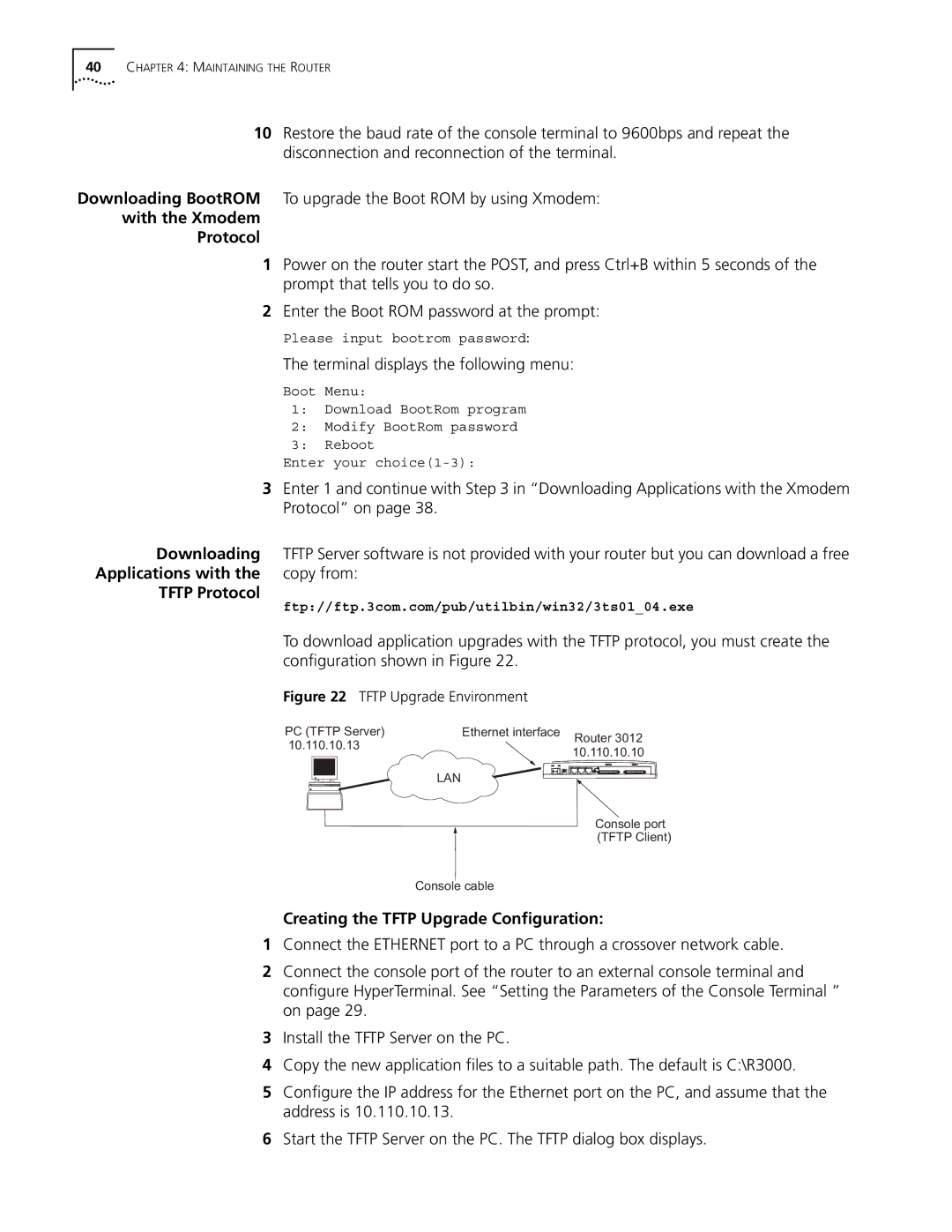 3Com 3015 (3C13615) manual Terminal displays the following menu, Applications with the copy from Tftp Protocol 