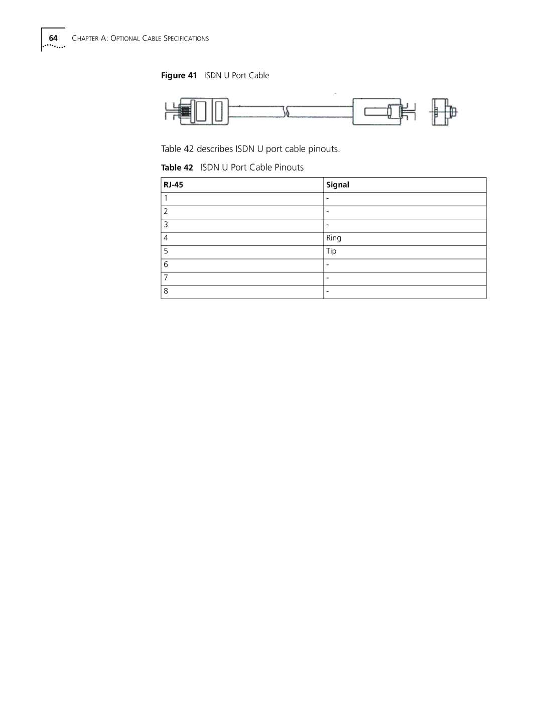 3Com 3016 (3C13616), 3015 (3C13615), 3013 (3C13613), 3018 (3C13618), 3012 (3C13612) manual Isdn U Port Cable 