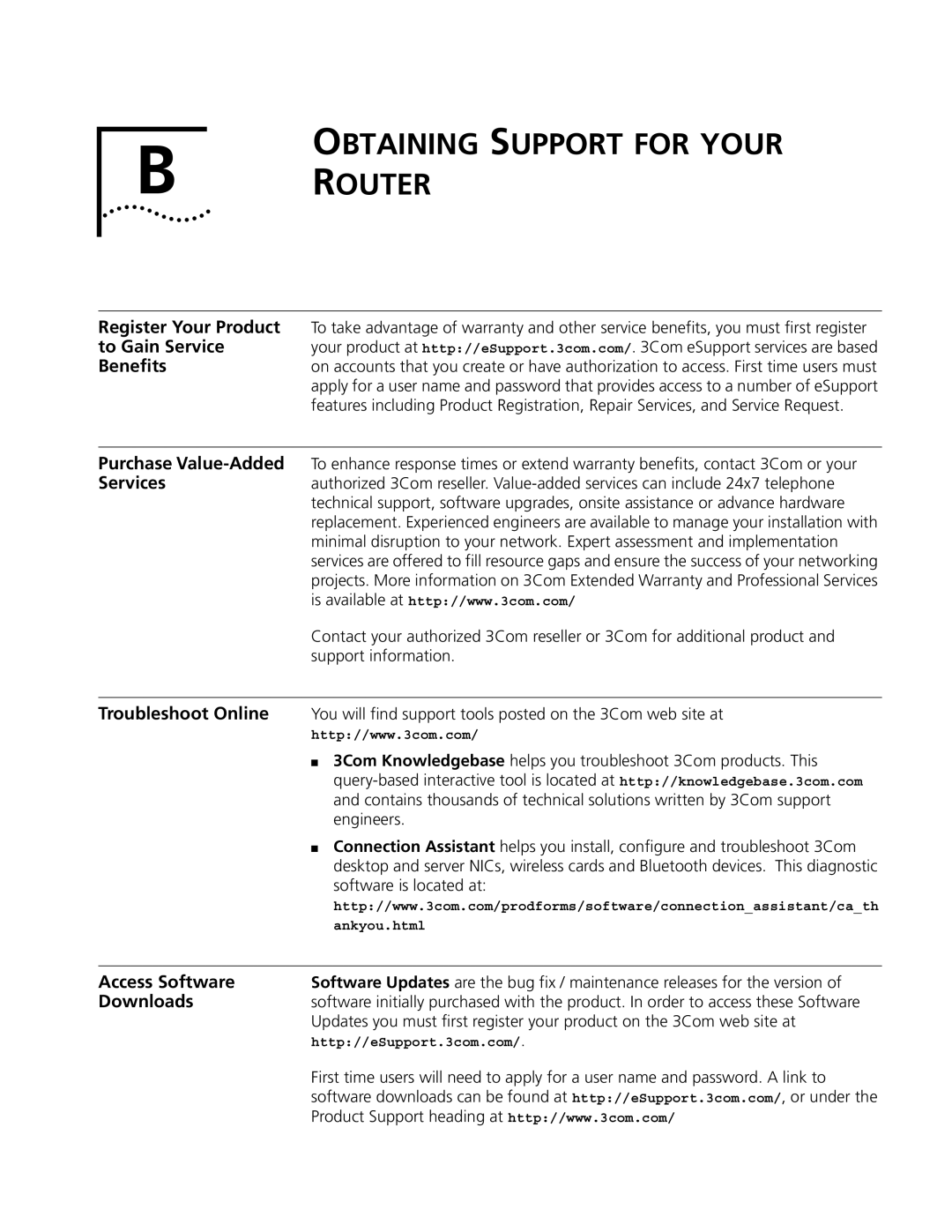 3Com 3015 (3C13615), 3013 (3C13613), 3018 (3C13618), 3012 (3C13612), 3016 (3C13616) manual Obtaining Support for Your Router 