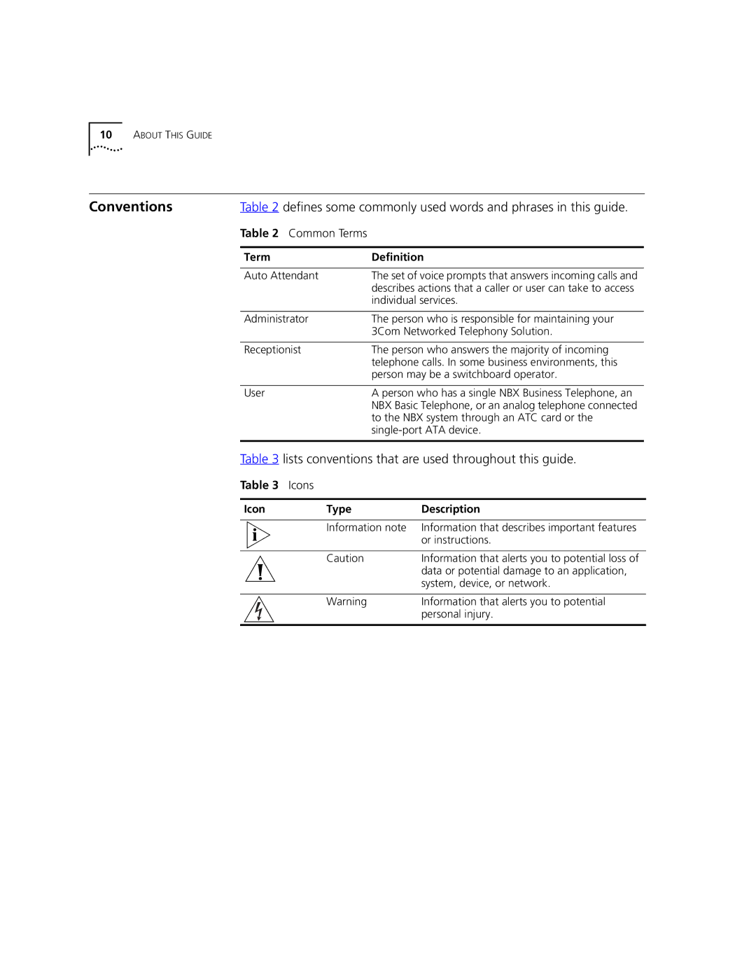 3Com 3101, 3102 Conventions, Lists conventions that are used throughout this guide, Term Definition, Icon Type Description 