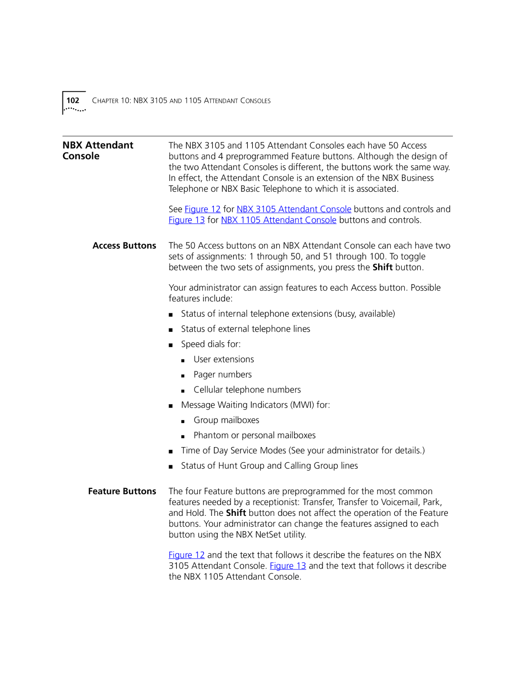 3Com 3101, 3102 manual NBX Attendant, Console, Access Buttons, Feature Buttons 