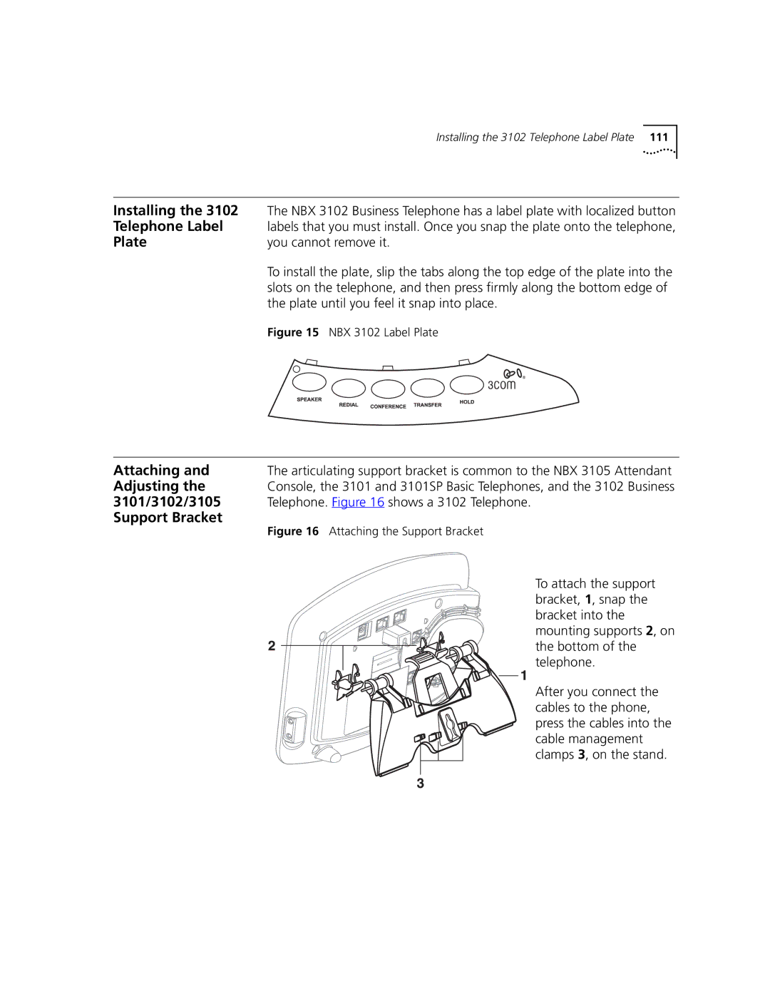 3Com manual Installing, Telephone Label, Plate, Attaching, Adjusting, 3101/3102/3105, Support Bracket 