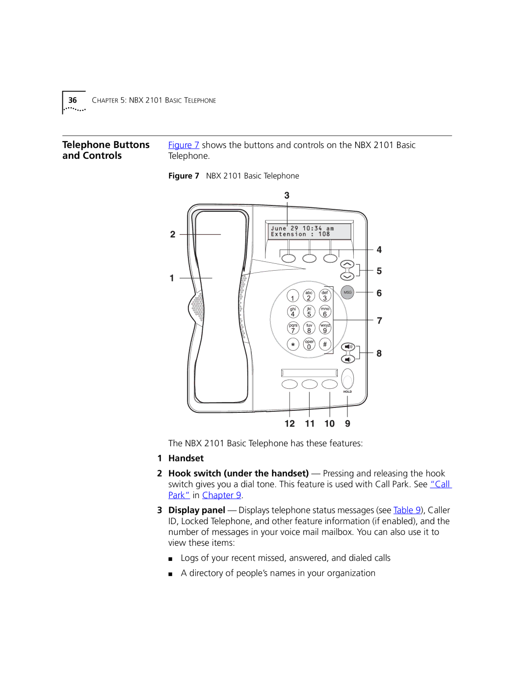 3Com 3101, 3102 manual NBX 2101 Basic Telephone has these features 