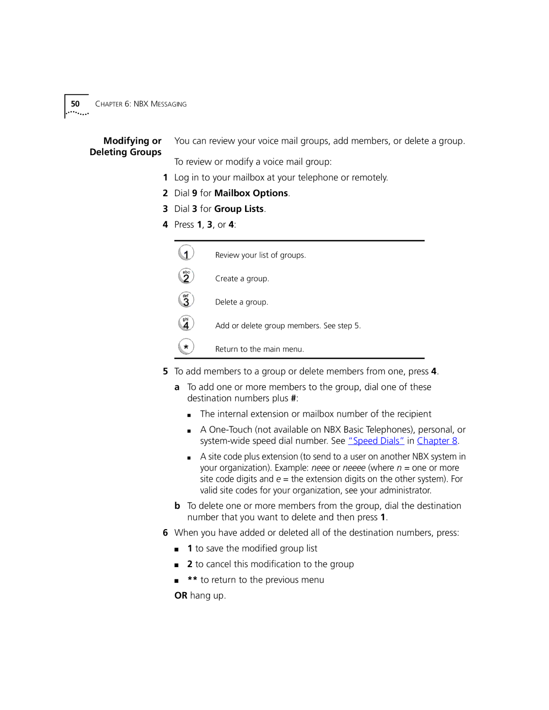 3Com 3101, 3102 manual Deleting Groups, Dial 9 for Mailbox Options Dial 3 for Group Lists, Press 1, 3, or 