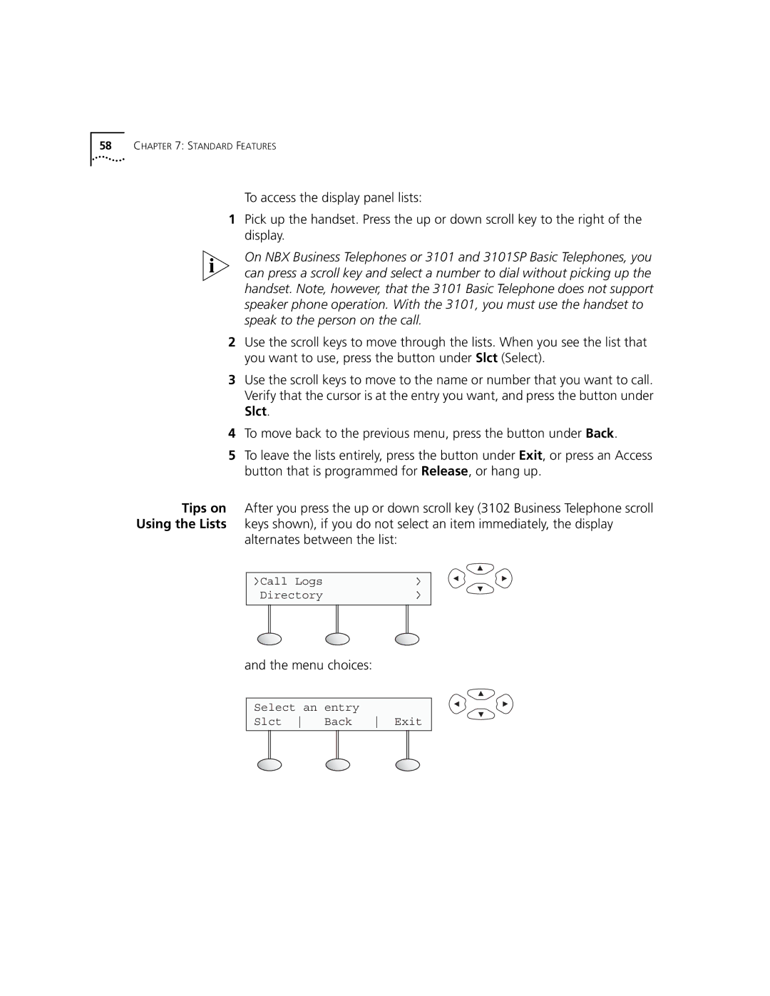 3Com 3101, 3102 manual Alternates between the list, Menu choices 