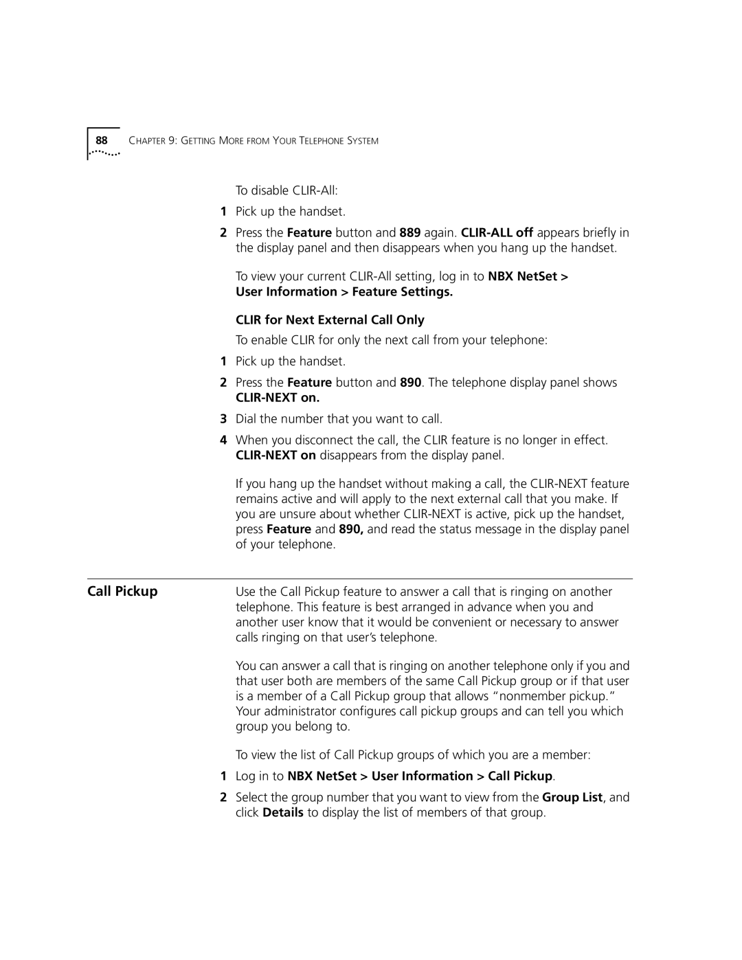 3Com 3101, 3102 manual CLIR-NEXT on, Log in to NBX NetSet User Information Call Pickup 