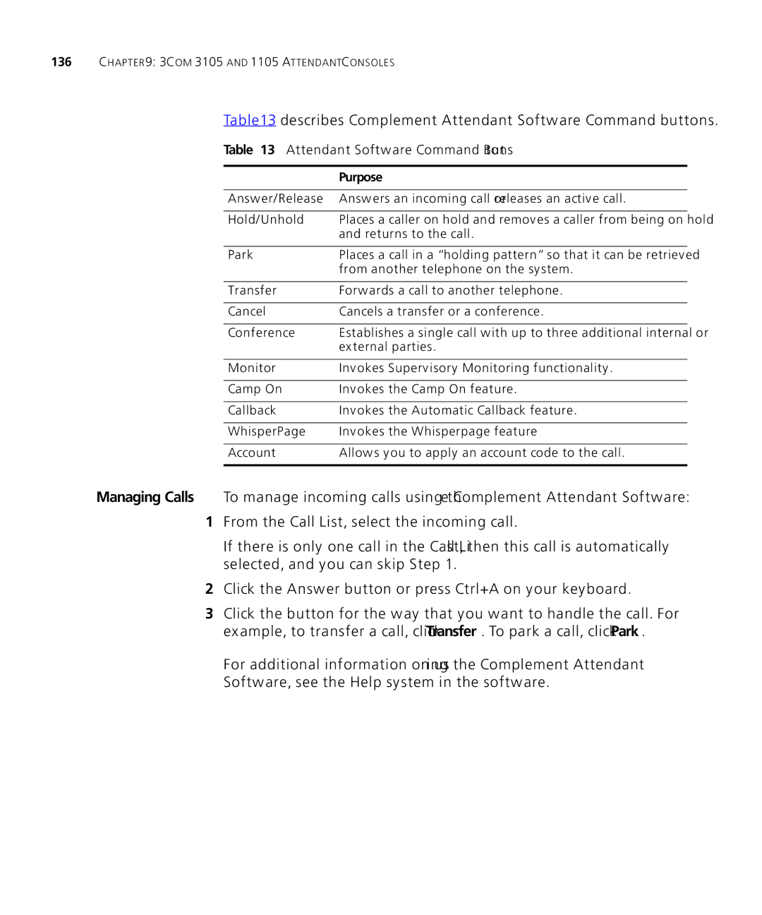 3Com 3101SP Describes Complement Attendant Software Command buttons, Attendant Software Command Buttons, Button Purpose 