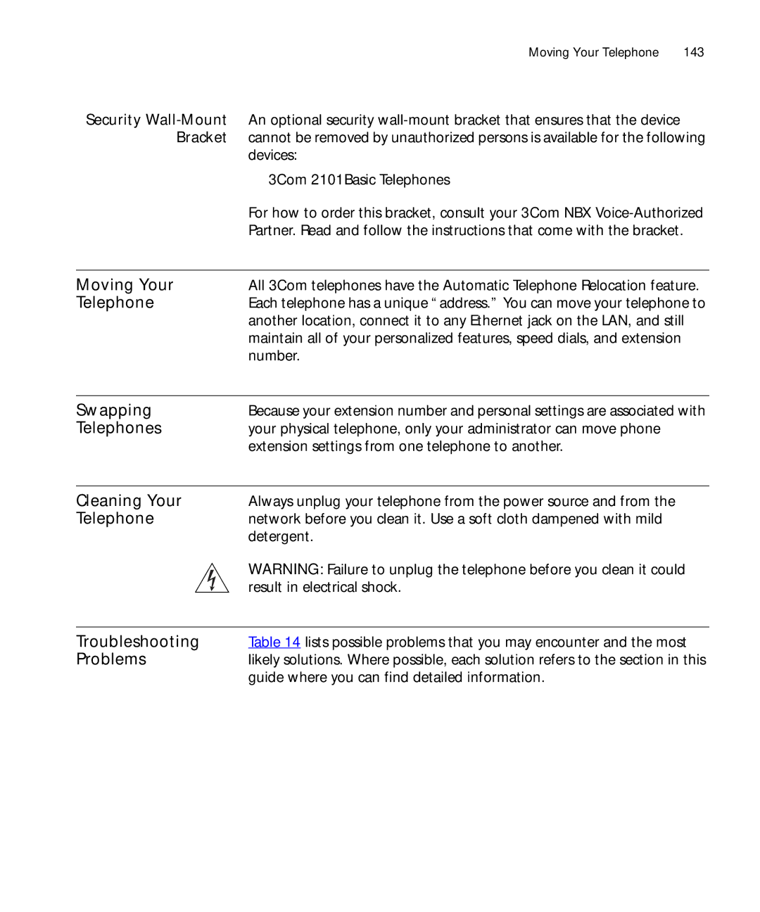 3Com 3101SP manual Moving Your, Swapping, Telephones, Cleaning Your, Troubleshooting, Problems 