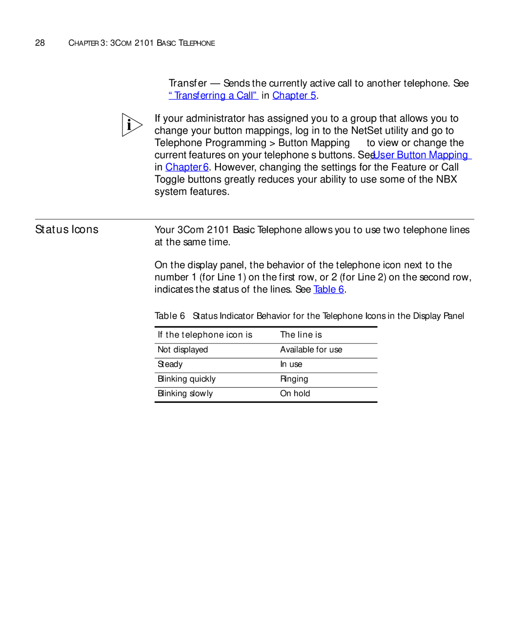 3Com 3101SP Status Icons, At the same time, Indicates the status of the lines. See Table, If the telephone icon is Line is 