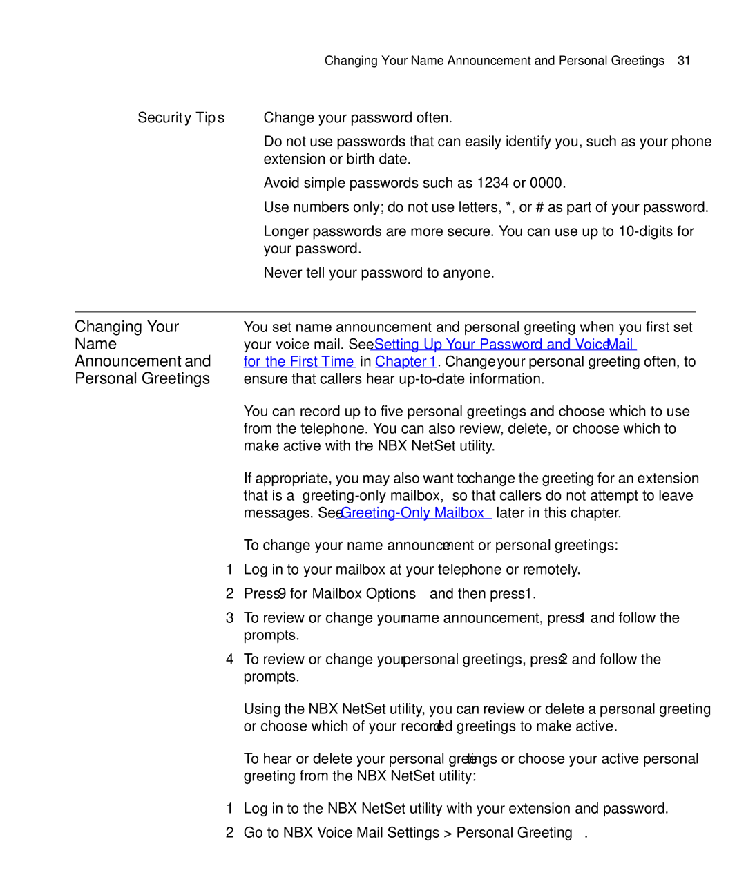 3Com 3101SP manual Name, Announcement, Personal Greetings, Security Tips, Go to NBX Voice Mail Settings Personal Greeting 