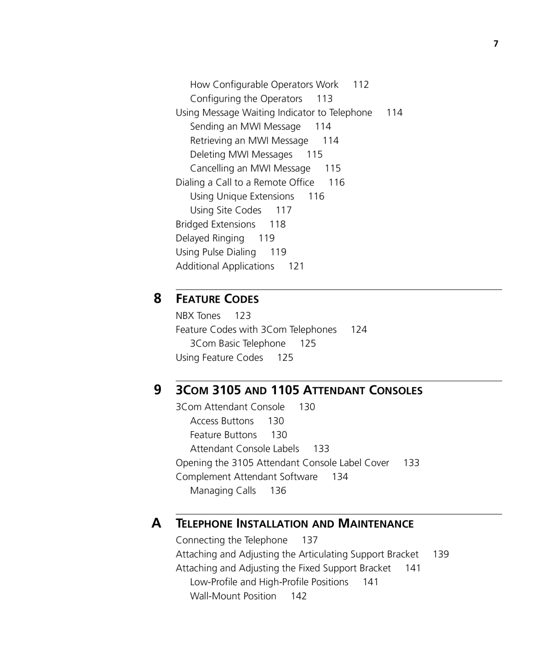 3Com 3101SP manual Feature Codes NBX Tones, Using Unique Extensions 116 Using Site Codes 117, Delayed Ringing 119 