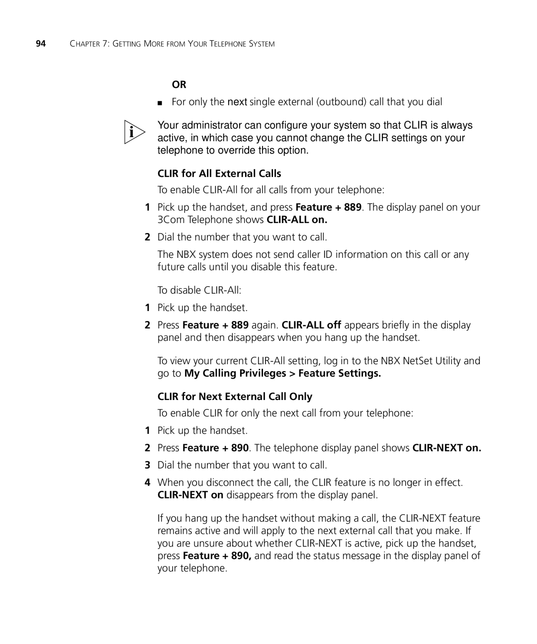 3Com 3101SP manual Clir for All External Calls, Clir for Next External Call Only 