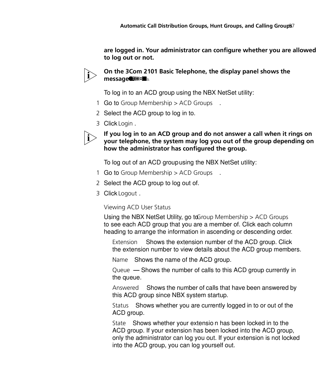 3Com 3101SP manual Go to Group Membership ACD Groups, Viewing ACD User Status 