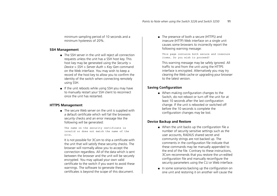 3Com 3250, 3226 manual SSH Management, Https Management, Saving Configuration, Device Backup and Restore 