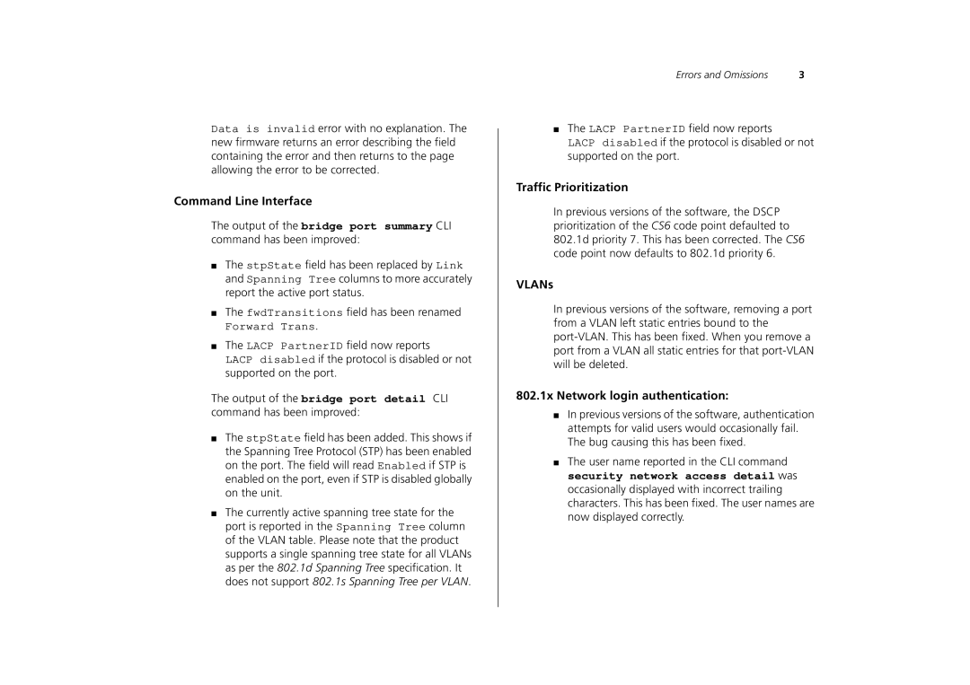 3Com 3250, 3226 manual Command Line Interface, Traffic Prioritization, VLANs, 802.1x Network login authentication 