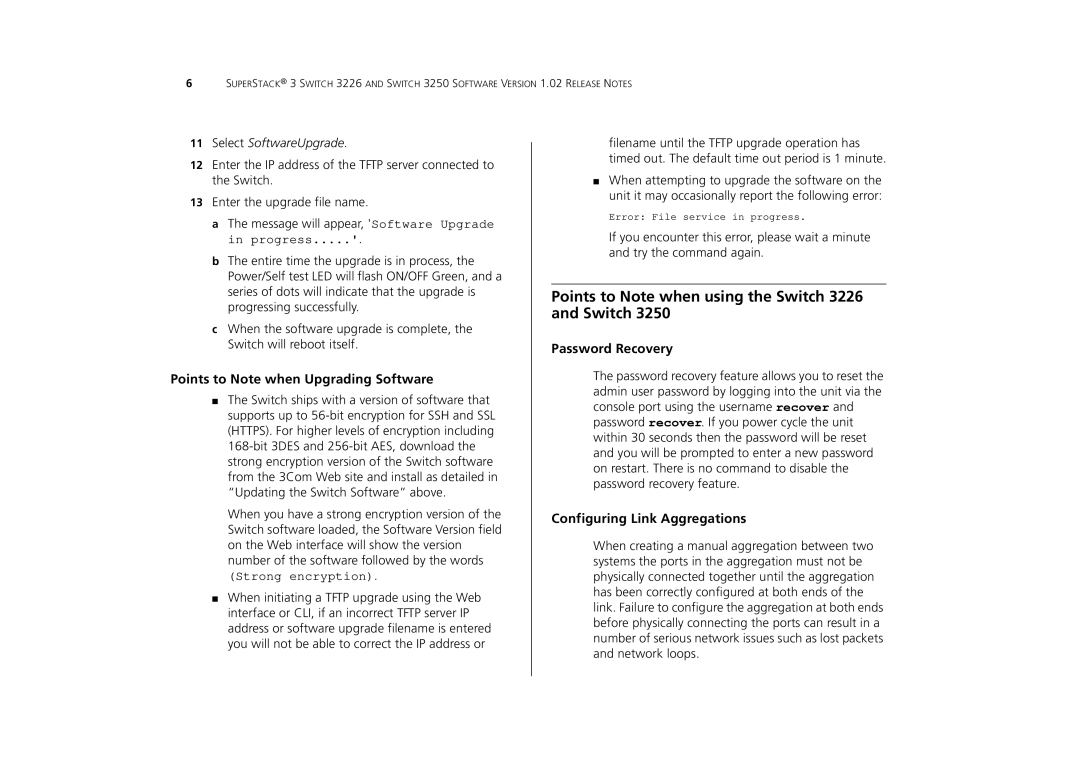 3Com Points to Note when using the Switch 3226 and Switch, Points to Note when Upgrading Software, Password Recovery 