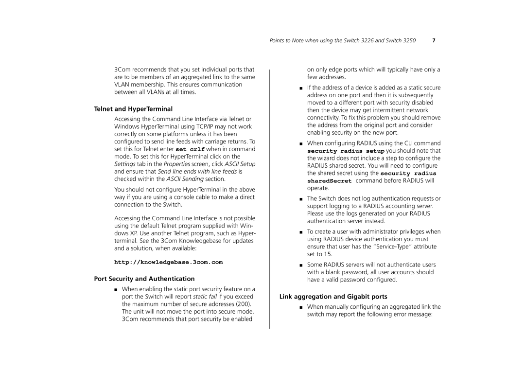 3Com 3250, 3226 manual Telnet and HyperTerminal, Port Security and Authentication, Link aggregation and Gigabit ports 