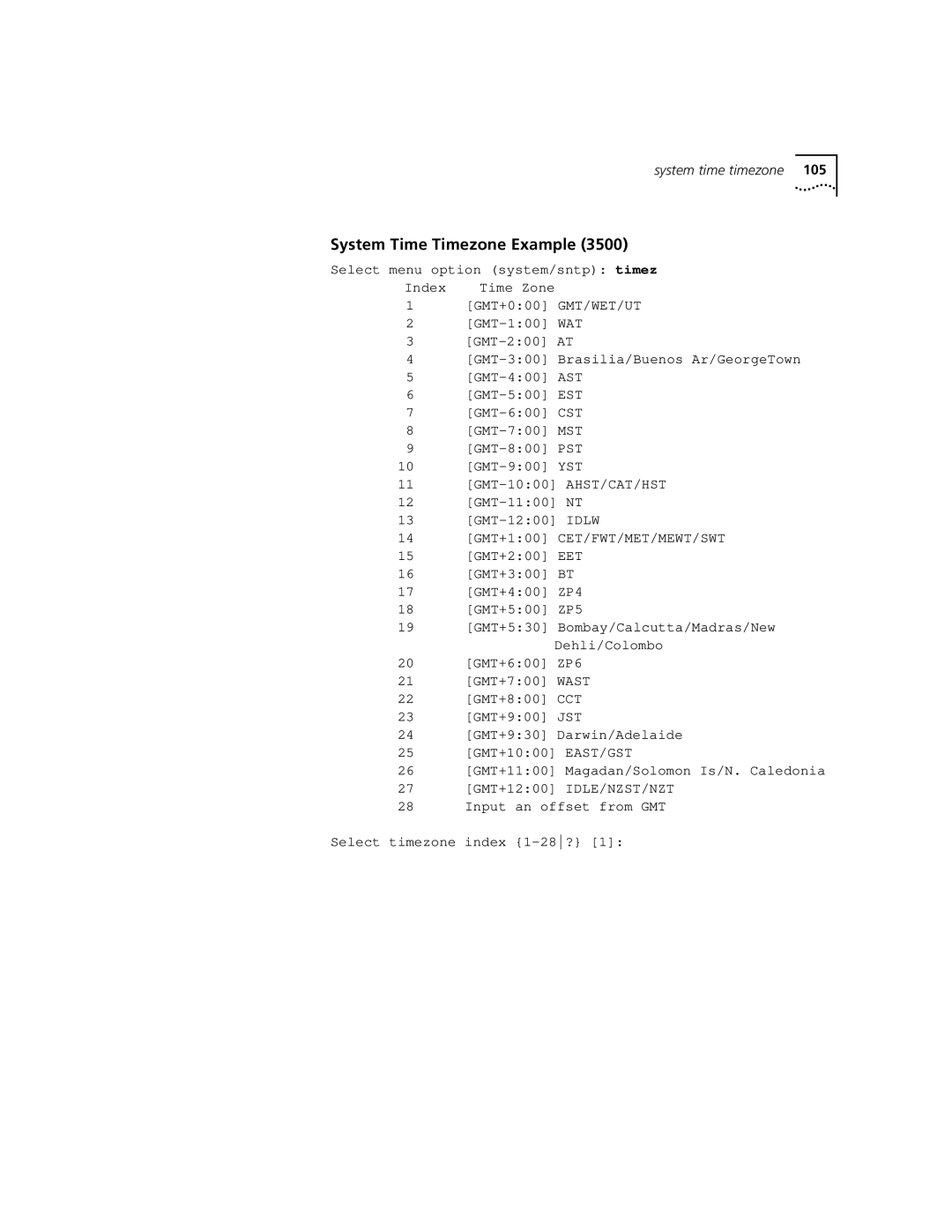 3Com 3500 manual System Time Timezone Example, 14 GMT+100 CET/FWT/MET/MEWT/SWT 