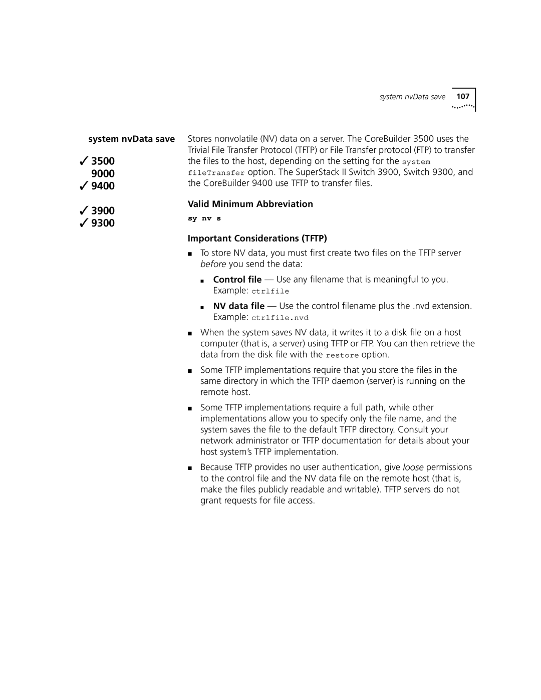 3Com 3500 manual System nvData save, Important Considerations Tftp 