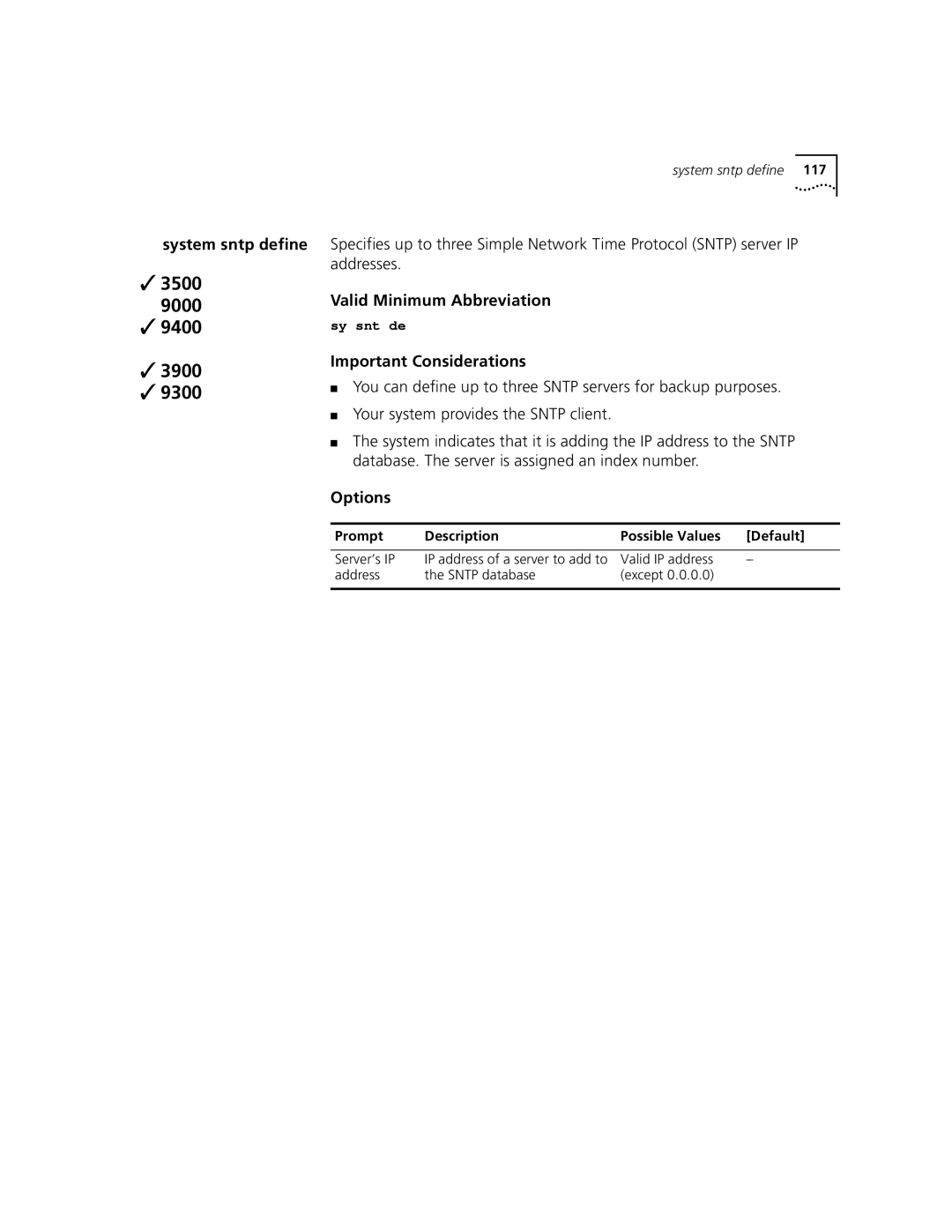 3Com 3500 manual System sntp define, Server’s IP, Valid IP address Address Sntp database Except 