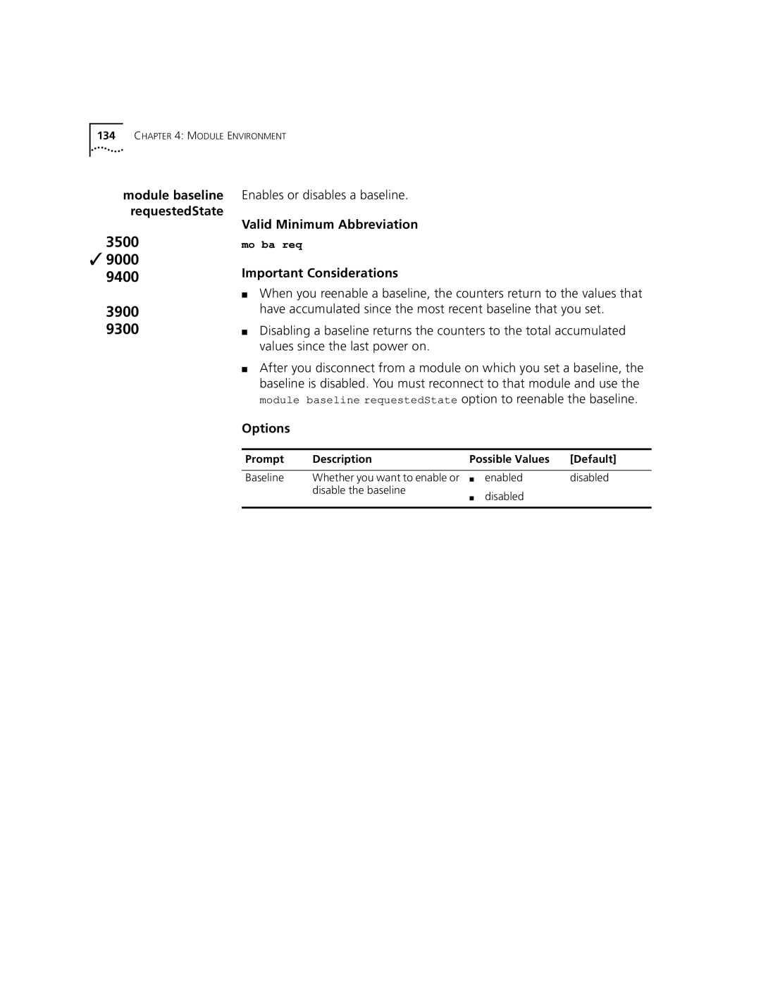 3Com 3500 manual Enables or disables a baseline, Options 