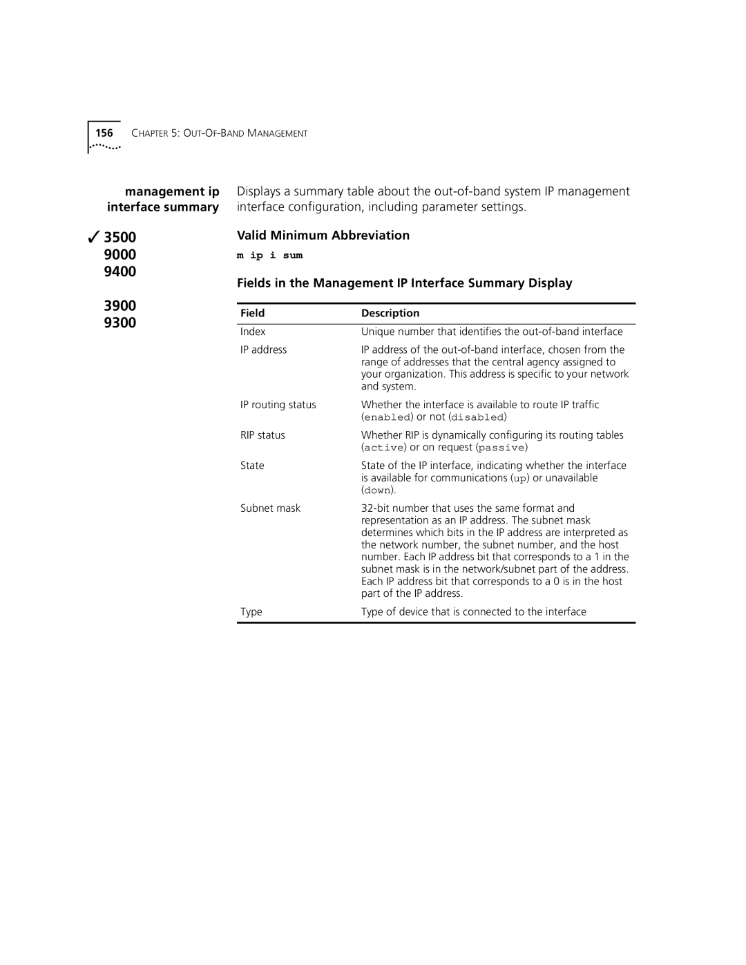 3Com 3500 manual Fields in the Management IP Interface Summary Display 