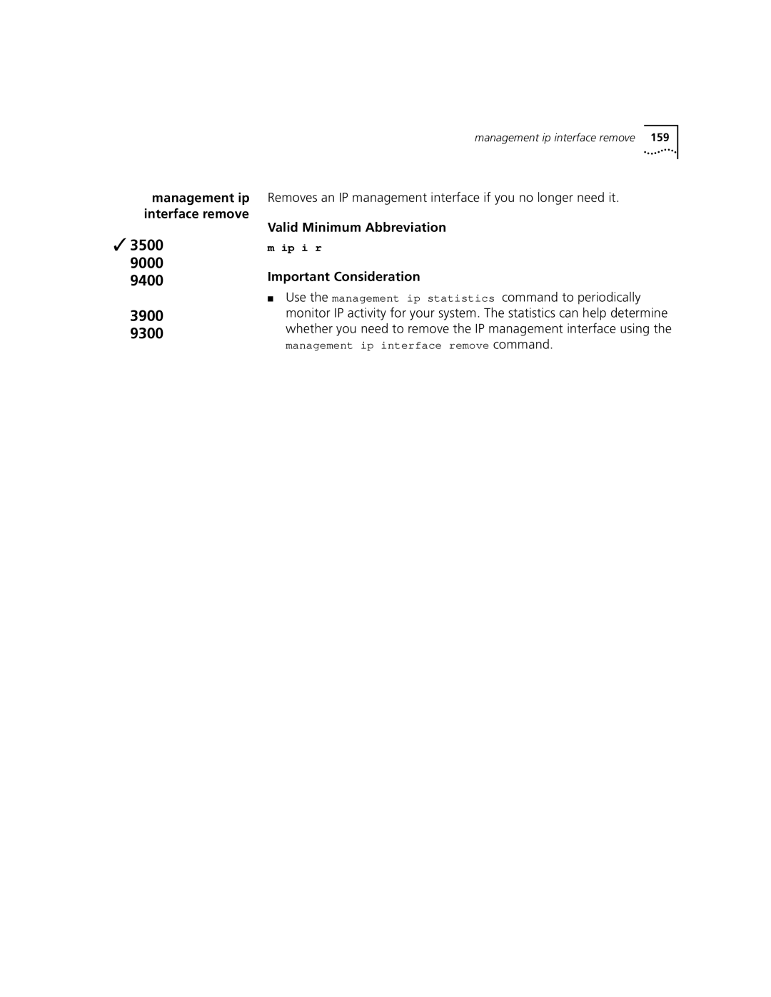 3Com 3500 manual Removes an IP management interface if you no longer need it 