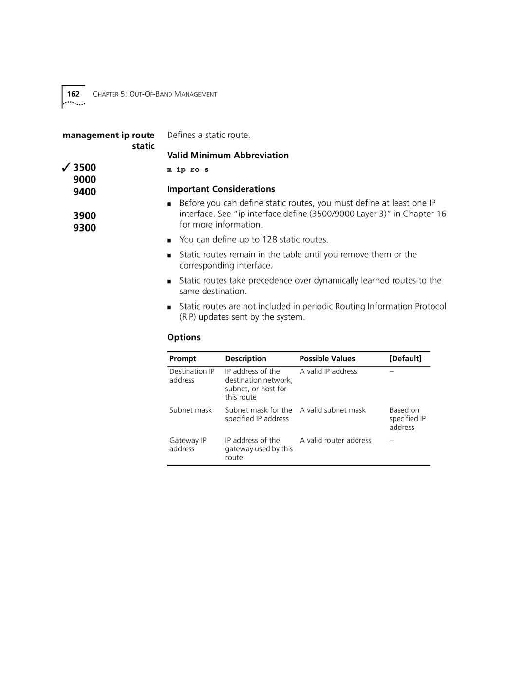 3Com 3500 manual Defines a static route 