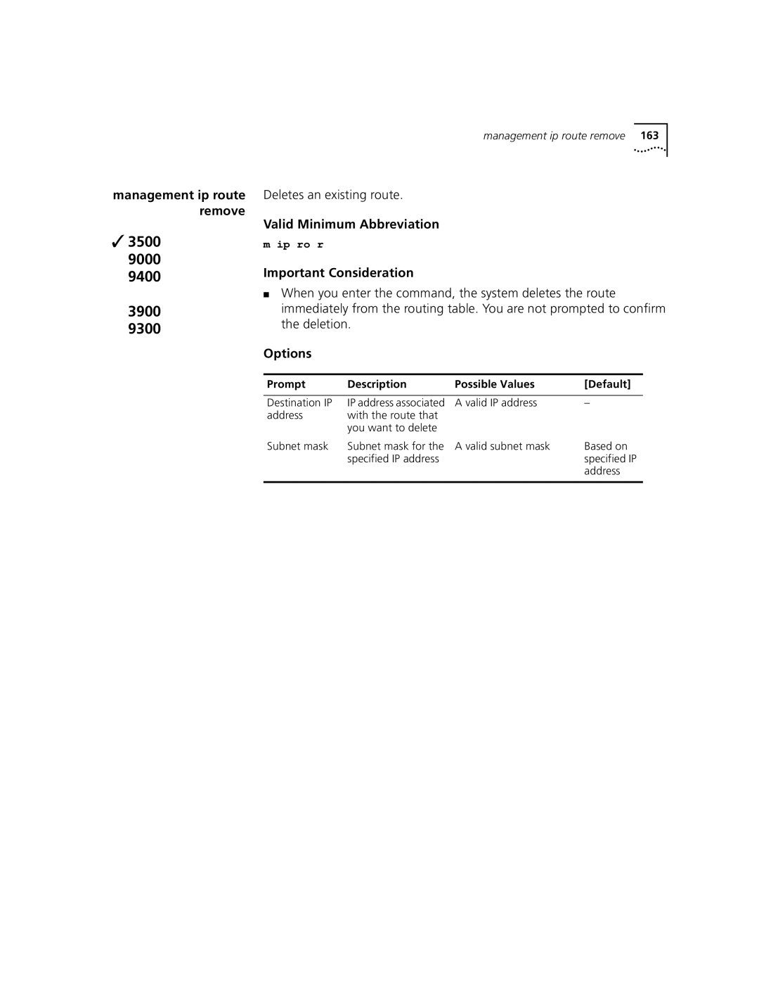 3Com 3500 manual Deletes an existing route, Destination IP 