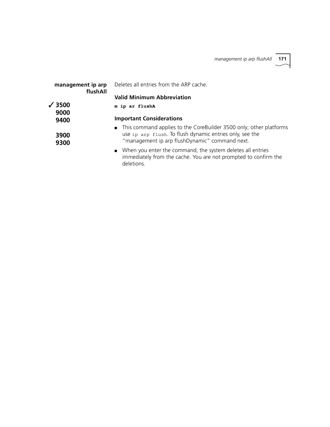 3Com 3500 manual Deletes all entries from the ARP cache 