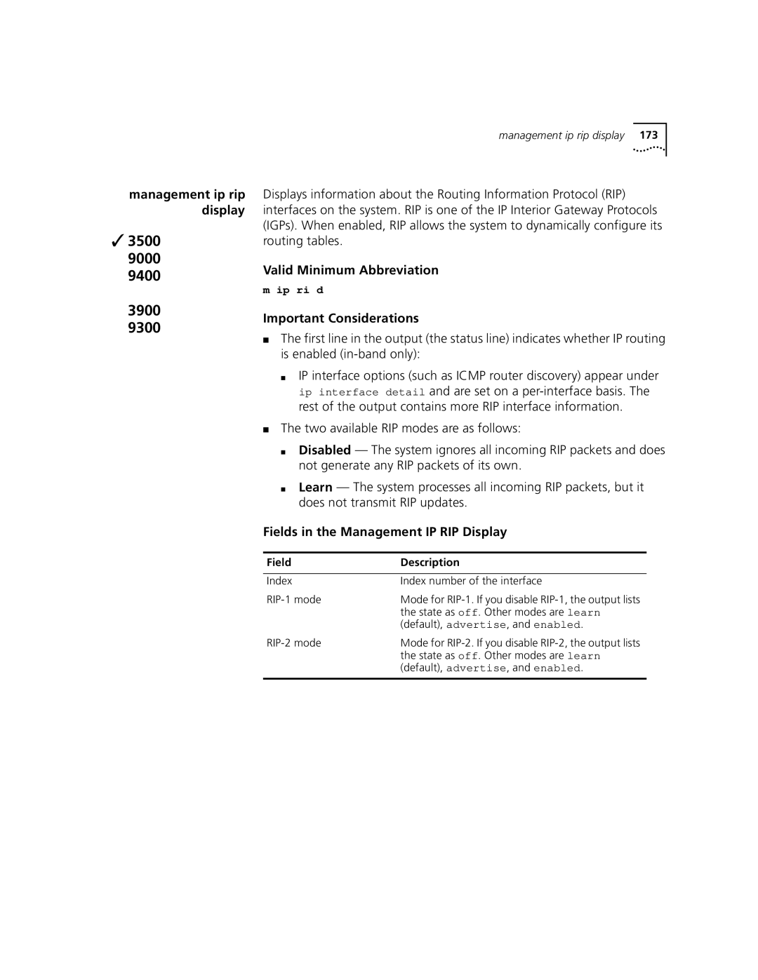 3Com 3500 manual Fields in the Management IP RIP Display, Index Index number of the interface RIP-1 mode, RIP-2 mode 