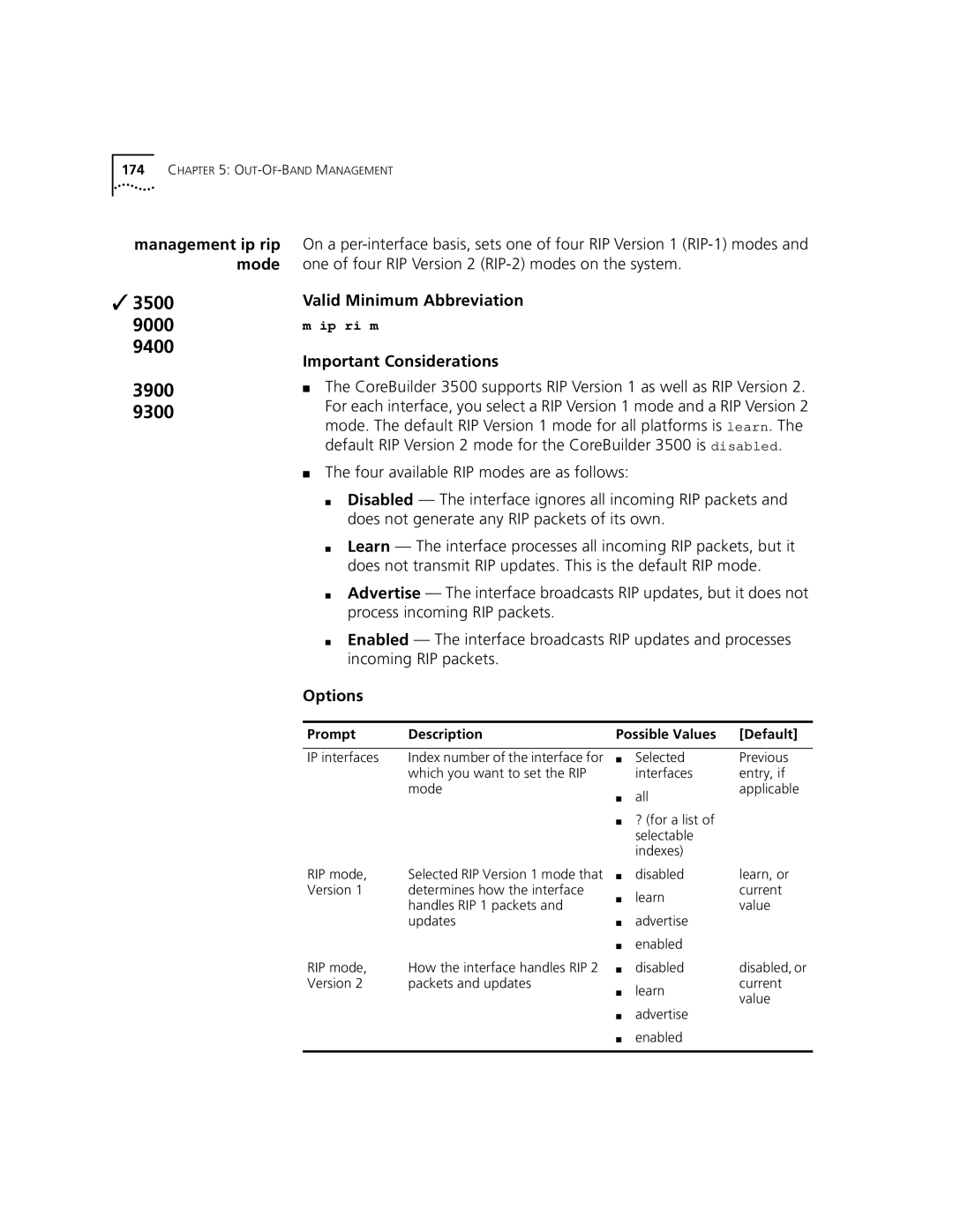 3Com 3500 manual IP interfaces, Which you want to set the RIP, RIP mode, Learn Current Value Advertise Enabled 