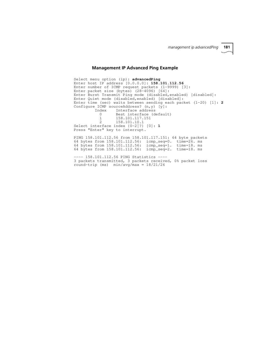 3Com 3500 manual Management IP Advanced Ping Example 