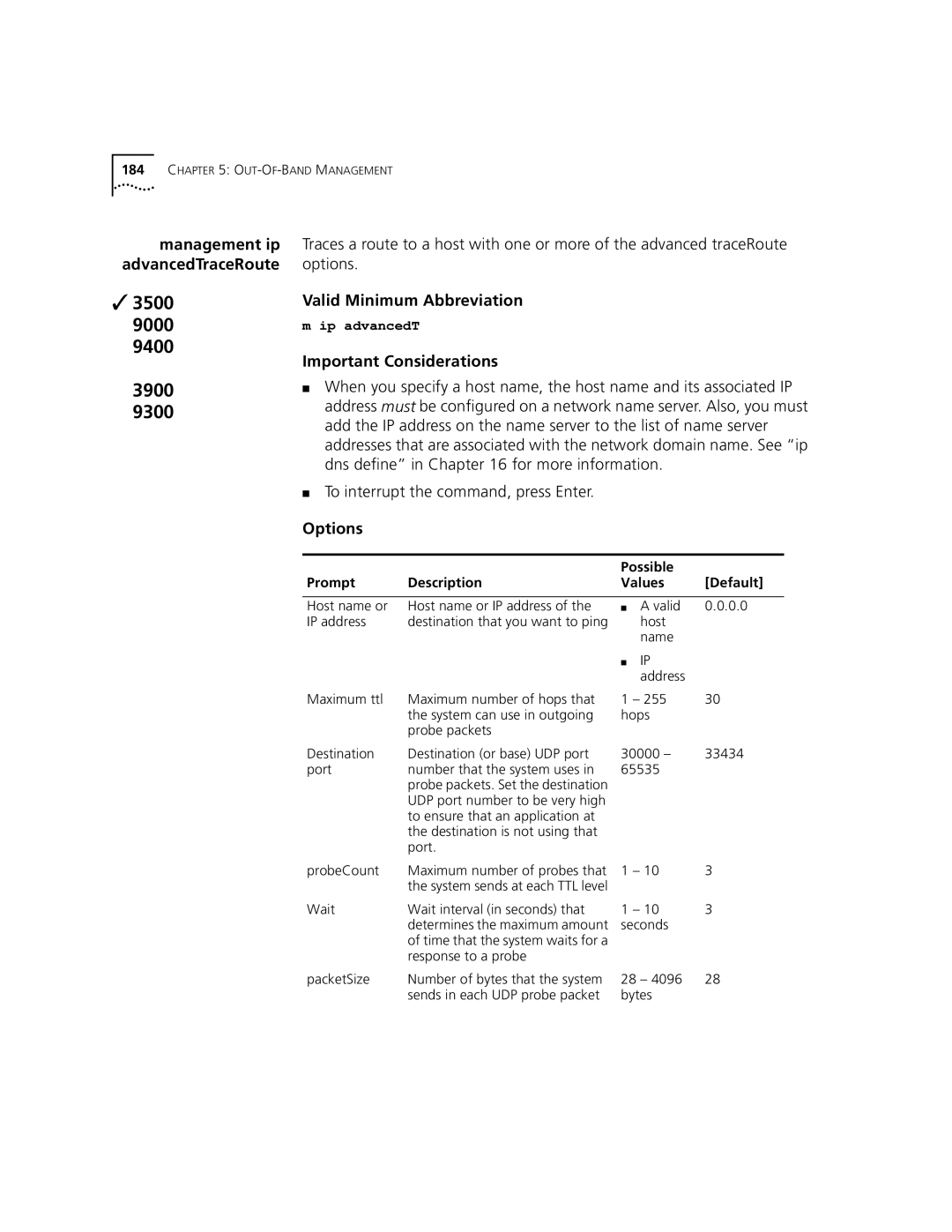 3Com 3500 manual Possible Prompt Description Values Default, Wait Wait interval in seconds that 