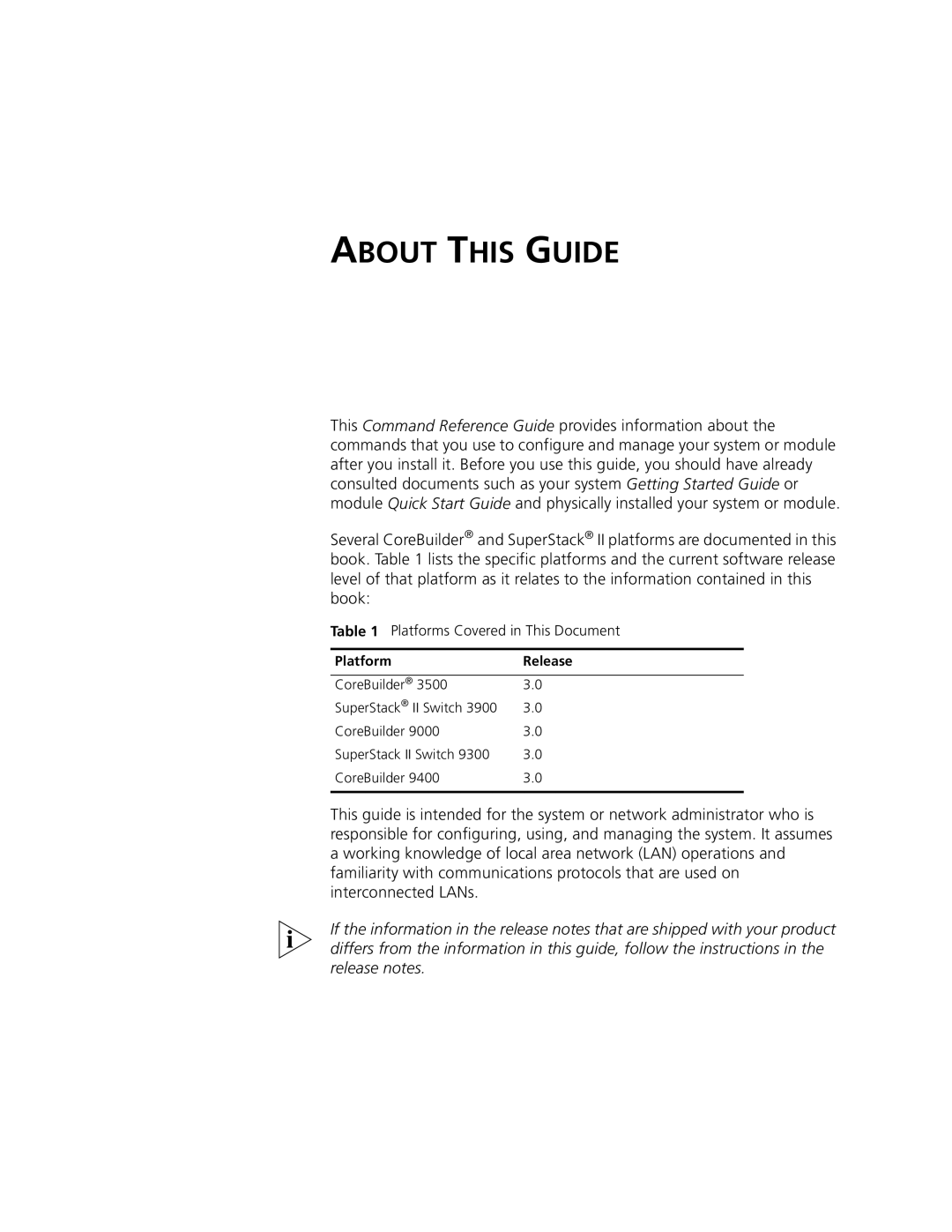 3Com 3500 manual Platforms Covered in This Document, Platform Release, CoreBuilder SuperStack II Switch 