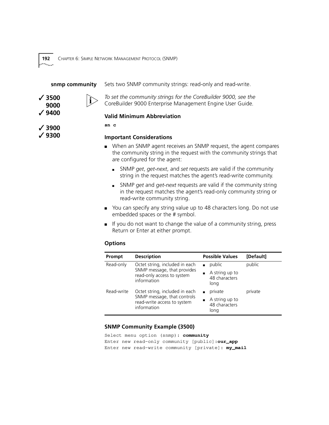 3Com 3500 manual Sets two Snmp community strings read-only and read-write, Snmp Community Example 