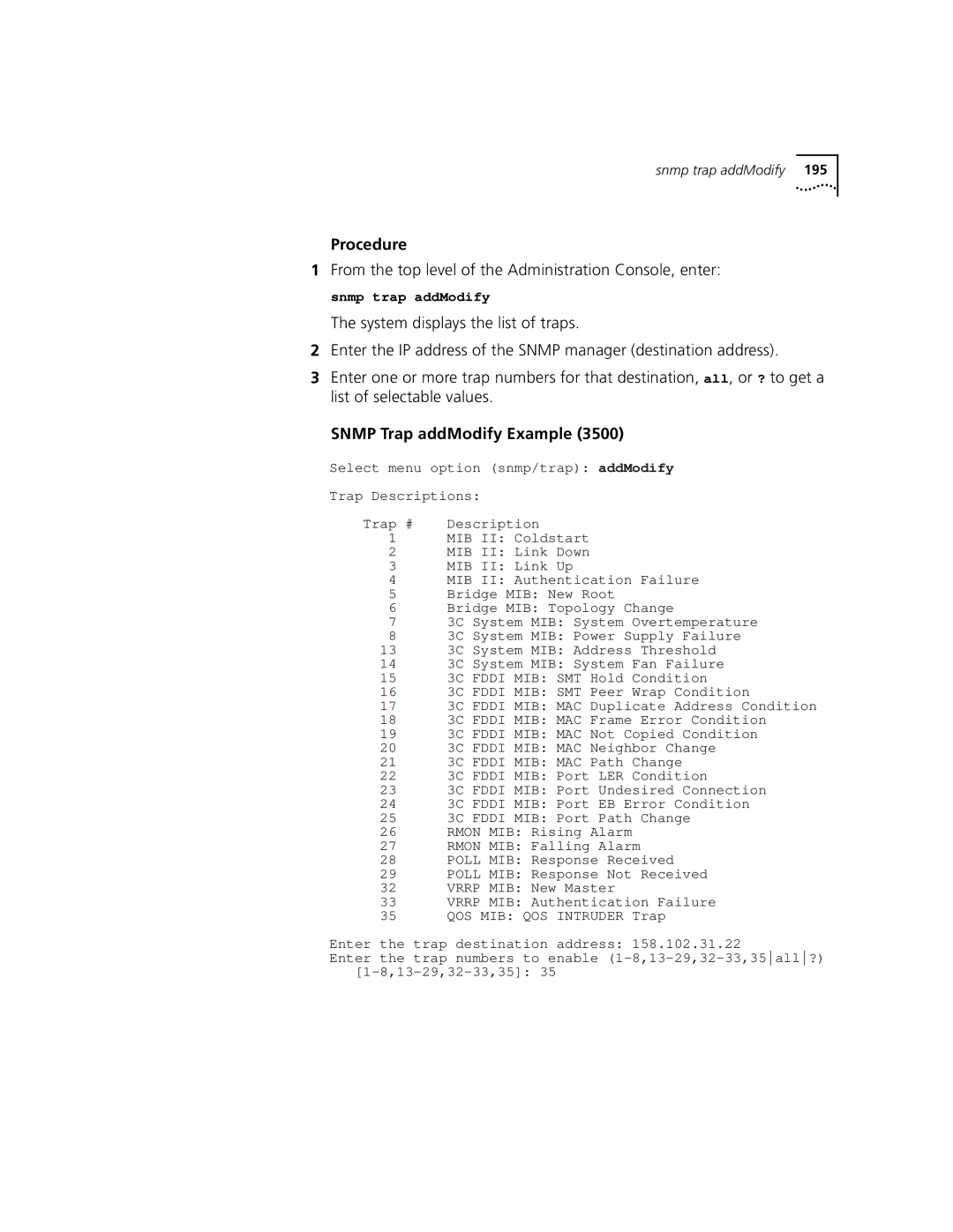 3Com 3500 manual Procedure, Snmp Trap addModify Example 