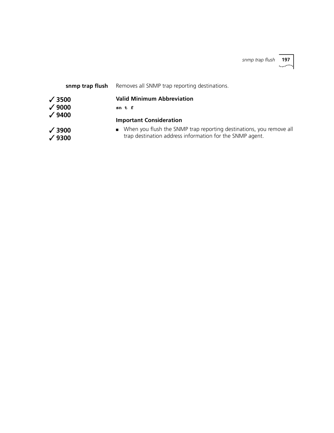 3Com 3500 manual Snmp trap flush, Removes all Snmp trap reporting destinations 